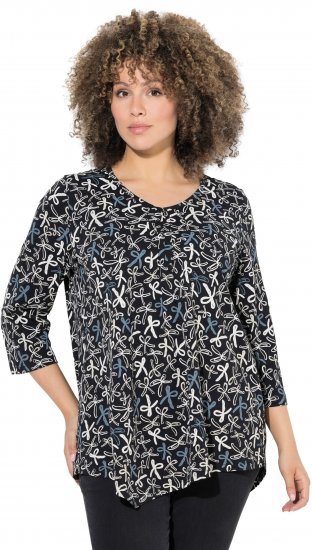 Ulla Popken Ribbon Print 3/4 Sleeve Asymmetric Tee Black - Natisnjene majice za ženske - 