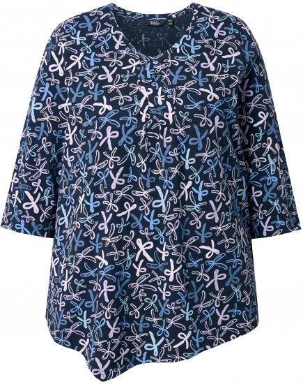 Ulla Popken Ribbon Print 3/4 Sleeve Asymmetric Tee Navy - Natisnjene majice za ženske - 