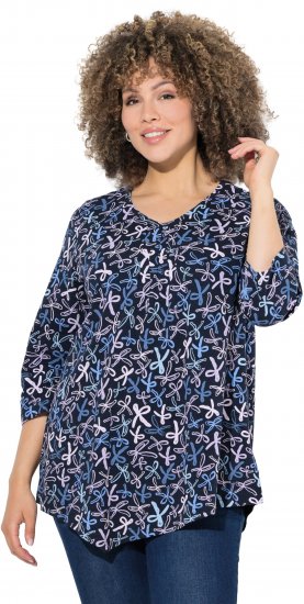 Ulla Popken Ribbon Print 3/4 Sleeve Asymmetric Tee Navy - Natisnjene majice za ženske - 