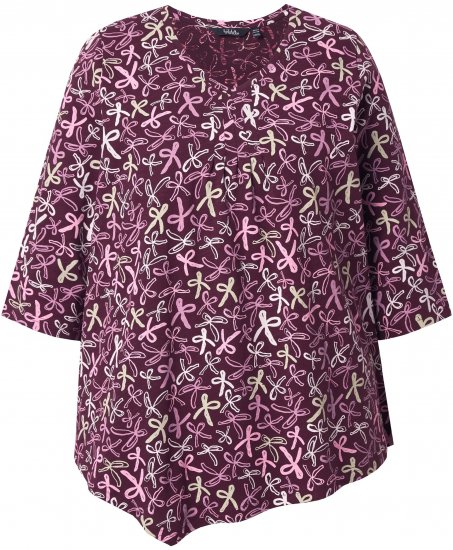 Ulla Popken Ribbon Print 3/4 Sleeve Asymmetric Tee Plum - Natisnjene majice za ženske - 