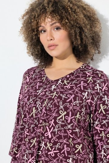 Ulla Popken Ribbon Print 3/4 Sleeve Asymmetric Tee Plum - Natisnjene majice za ženske - Ženske majice s potiskom