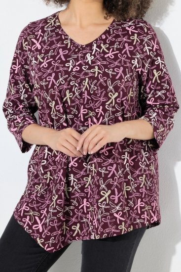 Ulla Popken Ribbon Print 3/4 Sleeve Asymmetric Tee Plum - Natisnjene majice za ženske - Ženske majice s potiskom