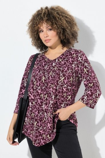 Ulla Popken Ribbon Print 3/4 Sleeve Asymmetric Tee Plum - Natisnjene majice za ženske - Ženske majice s potiskom