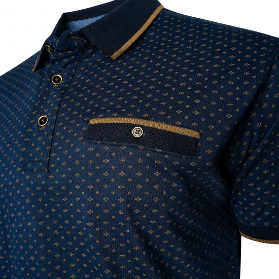 Kam Jeans 5529 AOP Mini Geo Print Polo Indigo - Polo majice - Moške Polo Majice za Močnejše Postave
