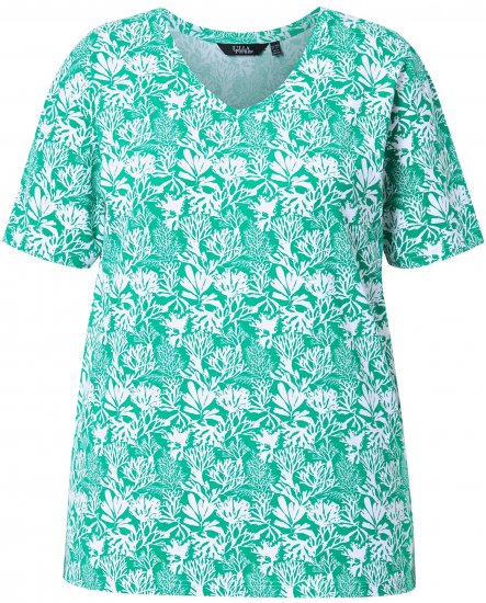 Ulla Popken Coral Reef Printed Short Sleeve V-Neck Tee Emerald - Natisnjene majice za ženske - 