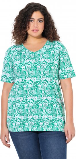 Ulla Popken Coral Reef Printed Short Sleeve V-Neck Tee Emerald - Natisnjene majice za ženske - 