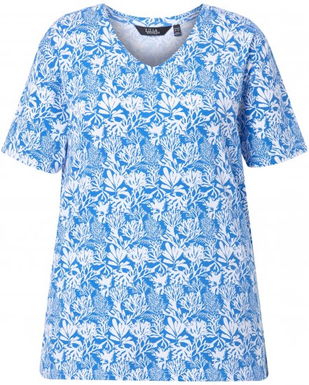 Ulla Popken Coral Reef Printed Short Sleeve V-Neck Tee Teal Blue - Natisnjene majice za ženske - 
