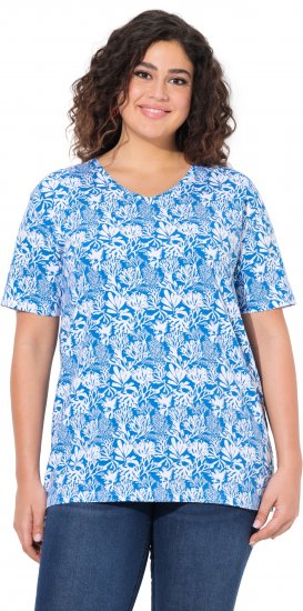 Ulla Popken Coral Reef Printed Short Sleeve V-Neck Tee Teal Blue - Natisnjene majice za ženske - 
