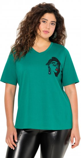 Ulla Popken Embroidered Face Motif Short Sleeve V-Neck Tee Emerald Green - Natisnjene majice za ženske - 