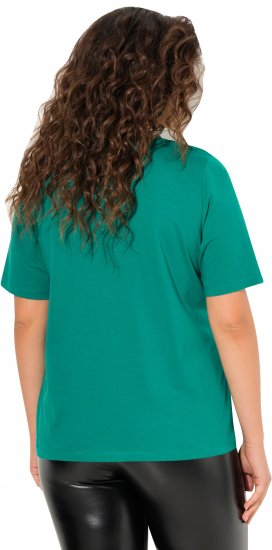 Ulla Popken Embroidered Face Motif Short Sleeve V-Neck Tee Emerald Green - Natisnjene majice za ženske - 