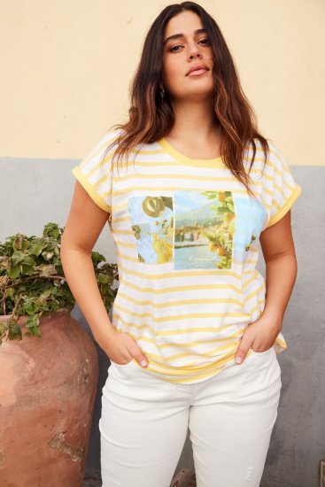 Ulla Popken Striped Short Sleeve Citrus Graphic Tee Sun Yellow - Natisnjene majice za ženske - 