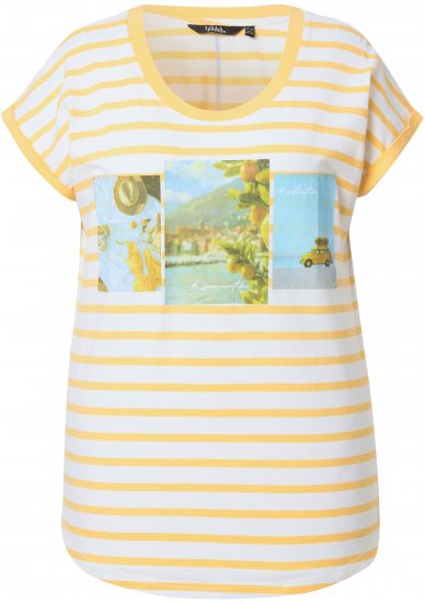 Ulla Popken Striped Short Sleeve Citrus Graphic Tee Sun Yellow - Natisnjene majice za ženske - 