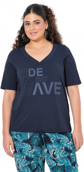 Ulla Popken Ride The Wave Short Sleeve V-Neck Graphic Tee Navy Blue - Natisnjene majice za ženske - 