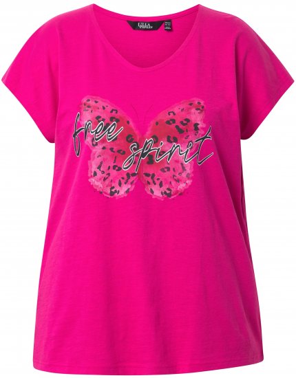 Ulla Popken Free Spirit Butterfly Cap Sleeve Graphic Tee Magenta Pink - Natisnjene majice za ženske - 