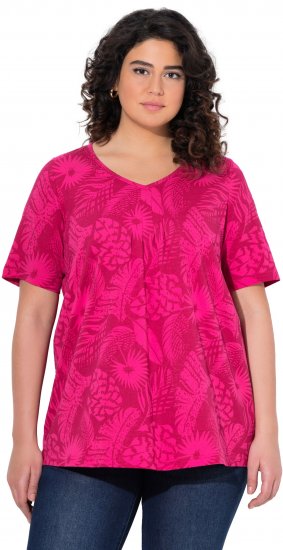 Ulla Popken Feather Print Short Sleeve V-Neck Tee Berry - Natisnjene majice za ženske - 