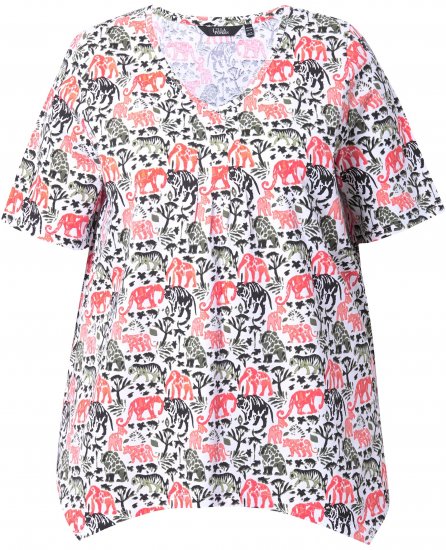 Ulla Popken Half-sleeve A-line V-neck Pointed Hem Animal Pattern T-shirt Snow White - Natisnjene majice za ženske - 