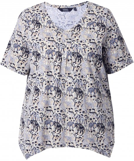 Ulla Popken Half-sleeve A-line V-neck Pointed Hem Animal Pattern T-shirt Moss - Natisnjene majice za ženske - 