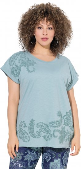Ulla Popken Textured Paisley Motif Cap Sleeve Tee Light Moss Green - Natisnjene majice za ženske - 