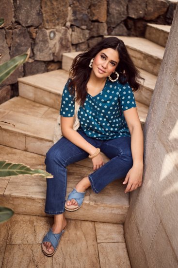 Ulla Popken Tile Print Short Sleeve Pleated Tee Teal - Natisnjene majice za ženske - 