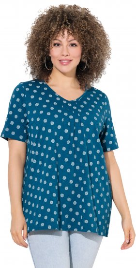 Ulla Popken Tile Print Short Sleeve Pleated Tee Teal - Natisnjene majice za ženske - 