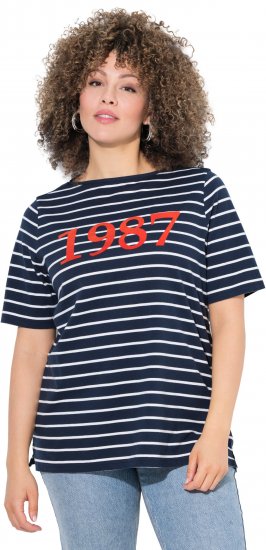 Ulla Popken Striped 1987 Boat Neck Tee Navy Blue - Natisnjene majice za ženske - 