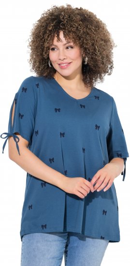 Ulla Popken Bow Print Split Sleeve Tee Indigo Denim - Natisnjene majice za ženske - 