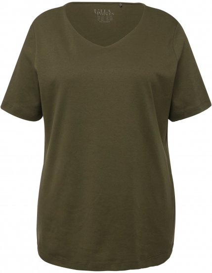 Ulla Popken Double Layer Rounded V-Neck Slim Fit Tee Forest Green - Majice - 