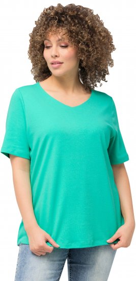 Ulla Popken Double Layer Rounded V-Neck Slim Fit Tee Turquioise Green - Majice - 