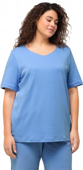 Ulla Popken Double Layer Rounded V-Neck Slim Fit Tee Cloud Blue - Majice - 