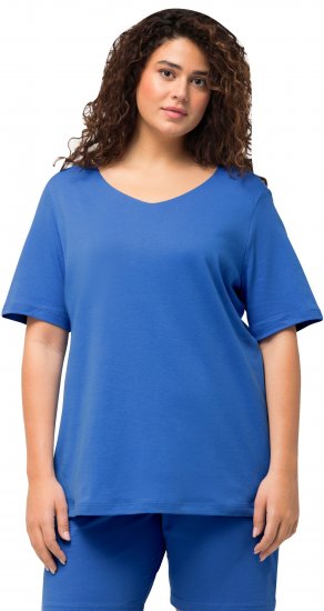 Ulla Popken Double Layer Rounded V-Neck Slim Fit Tee Blue - Majice - 