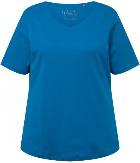 Ulla Popken Double Layer Rounded V-Neck Slim Fit Tee Medium Blue - Majice - 