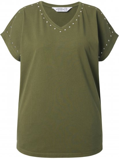 Ulla Popken Oversized studded Acid-washed V-Neck T-shirt Palm Green - Majice - 