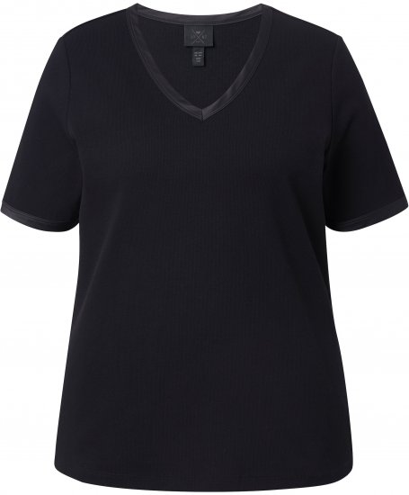 Ulla Popken Satin Trimmed Ribbed Jersey Short Sleeve T-Shirt Black - Majice - 