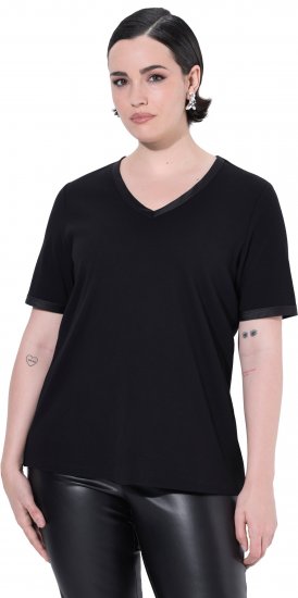 Ulla Popken Satin Trimmed Ribbed Jersey Short Sleeve T-Shirt Black - Majice - 