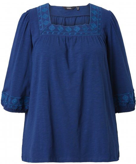 Ulla Popken Embroidered Detail 3/4 Sleeve Tee Dark Blue - Natisnjene majice za ženske - 