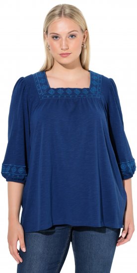 Ulla Popken Embroidered Detail 3/4 Sleeve Tee Dark Blue - Natisnjene majice za ženske - 