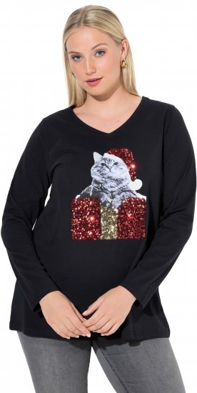 Ulla Popken Christmas Cat Long Sleeve Graphic Tee Black - Ulla Popken - 