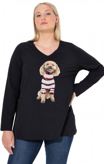 Ulla Popken Sequined Puppy Long Sleeve Graphic Tee Black - Natisnjene majice za ženske - 
