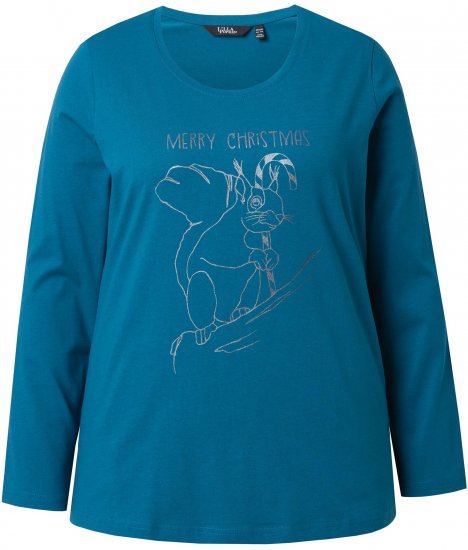Ulla Popken Holiday Long Sleeve Graphic Tee Teal - Natisnjene majice za ženske - 