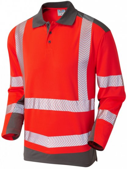 Leo Wringcliff Coolviz Plus L/S Polo Hi-Vis Red/Grey - Delovne obleke - Delovne Obleke Močnejše postave