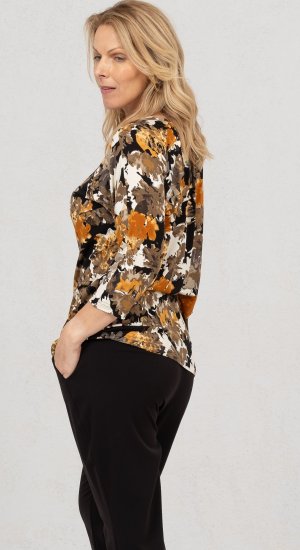 Scandinavian Caramel Flowers Blouse Orange and Brown - Natisnjene majice za ženske - 