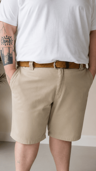 Kam Jeans 3402 Belted Dobby Weave Stretch Chino Shorts Beige - Kratke hlače - Moške Kratke Hlače za Močnejše Postave